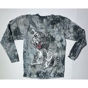 90s White Tiger T Shirt Large Gray Tie Dye Long Sleeve